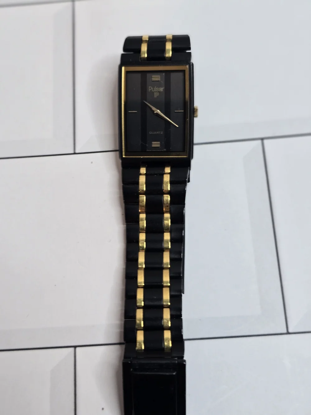 Vintage Pulsar Black and Gold Rectangular Dress Watch